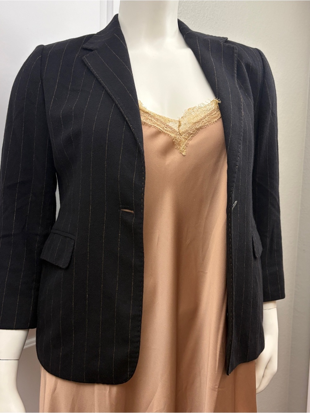Cinzia Rocca Due Classic Pinstripe Wool Blazer - Black with Tan Pinstripes - 14